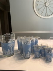 13pc Vintage Jeanette Hellenic Wedgwood Blue Pitcher Tumblers Juice Glasses