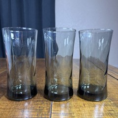 Set of (3) Vintage MCM Libbey Optic Swirl Smoke Grey Tumblers 5.75” Tall