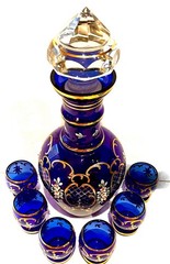 Murano Tre Fuochi Beverage Set 24K Gold Trim Decanter 6 Cordial Glasses Cobalt