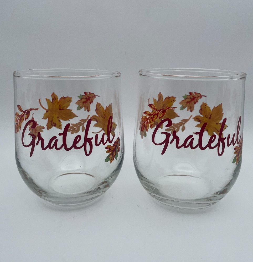 Thanksgiving Fall Leaves Stemless Wine Glasses GRATEFUL Barware 16oz S/2 B39