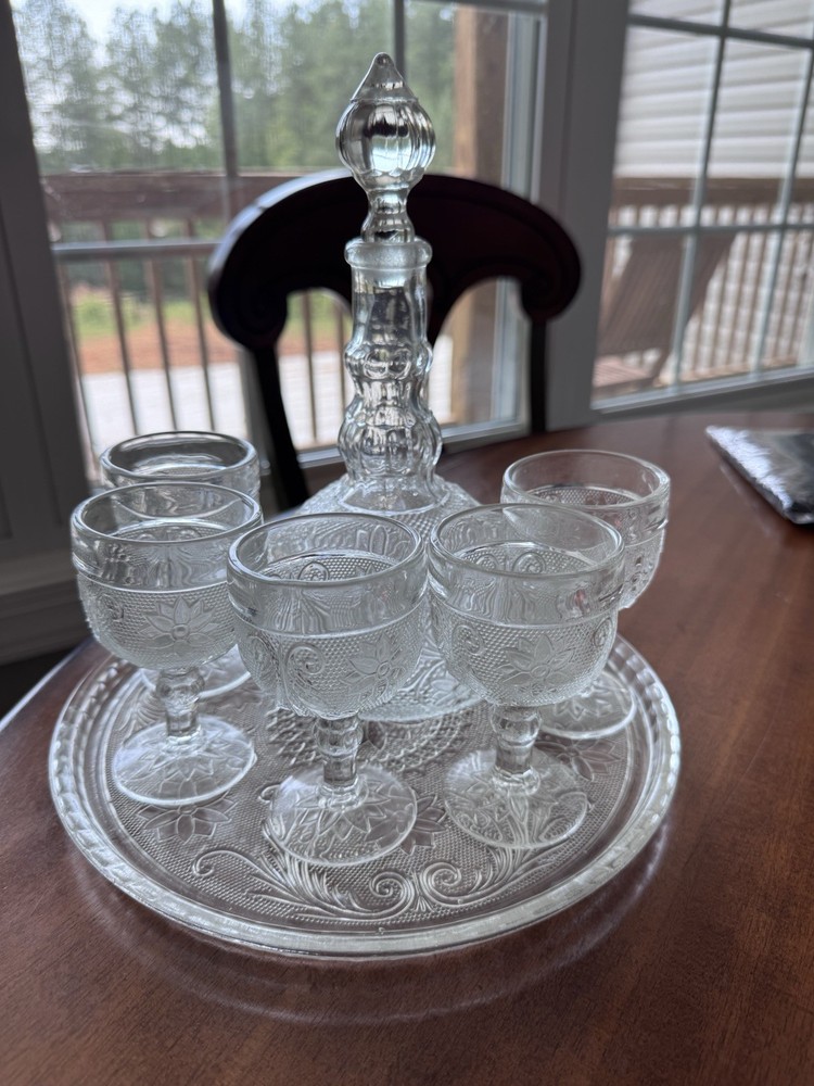 Vintage Tiara Sandwich Glass Wine Decanter+ 5 Wine Glasses+Platter-Crystal Clear