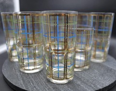 Lot of 9 MCM CULVER LTD Bar Striped Glasses 22K GOLD & Blue Highball Tumbler