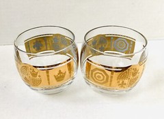 MCM mid century Pair Vito Bari Gold Roly Poly Glasses Culver Style Bar Glasses