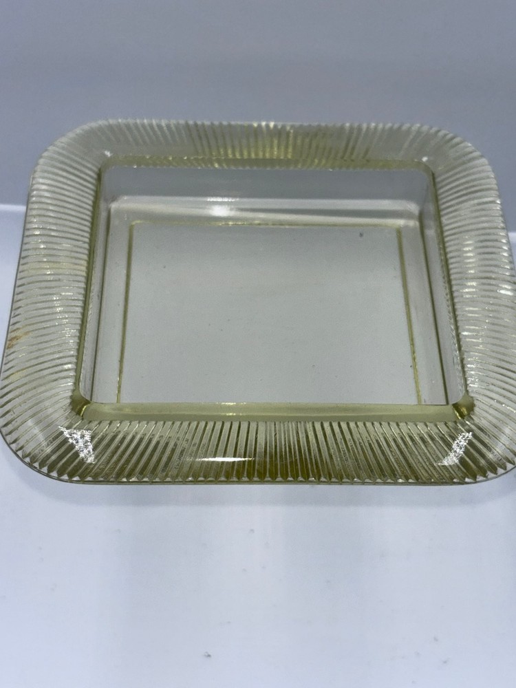 Vintage Yellow Glass Square Dish Ribbed Vaseline Glows Ribbed Border