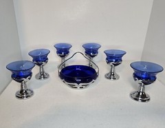 VINTAGE FARBER BROS ROYAL BLUE Liquor Cocktail GLASS Set of 06 & CHROME Basket