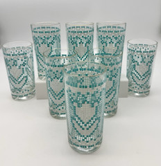 VTG Libbey Drinking Bar Glass Set (8) Floral Needlepoint Cottagecore MCM 12 oz