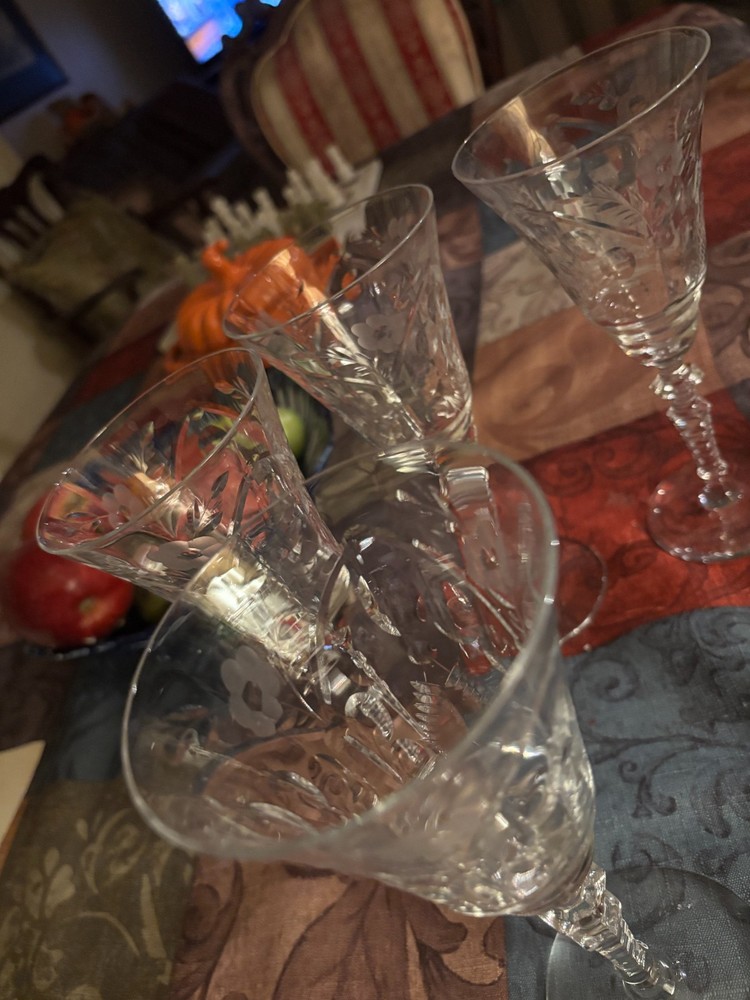 Set of 3 Vintage Hand-Cut Crystal Goblets – 8” Tall – 1940–1960 – Wheel Engraved