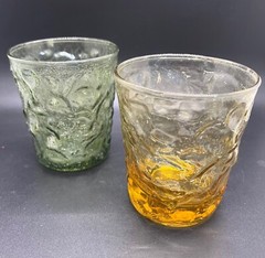 (2) Anchor Hocking Milano Crinkle Honey Gold Amber & Green 7oz Short Rocks Glass