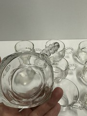 Set 9 Vintage Clear Glass Tea Cups Beaded Handle 1 Double Handle