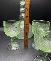 Indiana Glass Tiara Chantilly Green Glass Decanter Set -6 Glasses Manganese Glow