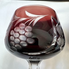 Set/2 Cut Glass Cordial Liquor Deep Ruby Red Grapes Crisscross 8” ht