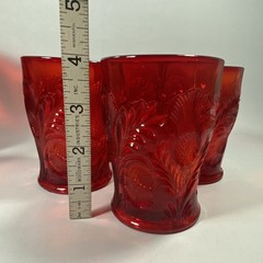 Vintage Mosser Glass Ruby Red Inverted Thistle 5-Piece Set Pitcher & 4 Tumblers