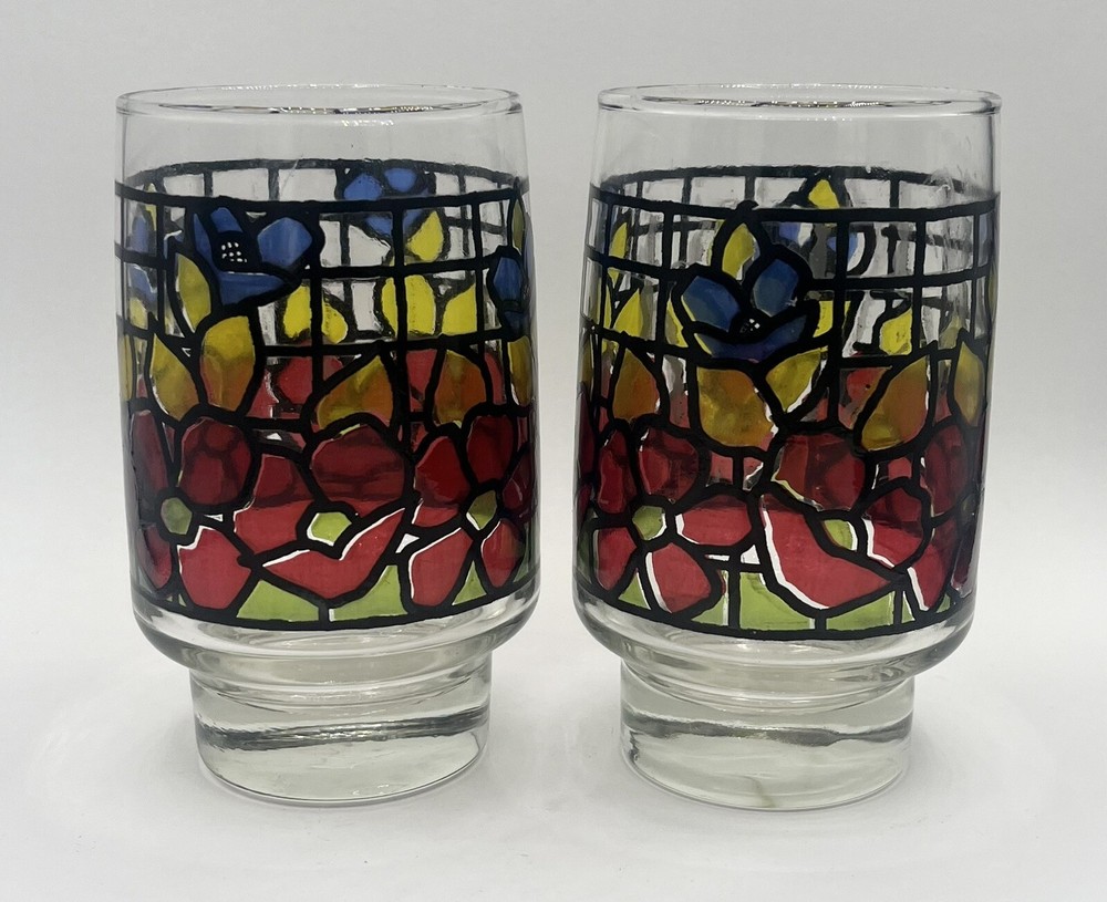Vintage Libbey Stained Glass floral Juice Glasses Set Of 2 – 12 ozs