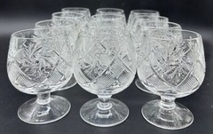 VINTAGE EUROPEAN RUSSIAN OR POLISH CUT GLASS CRYSTAL BRANDY SNIFTER SET 12