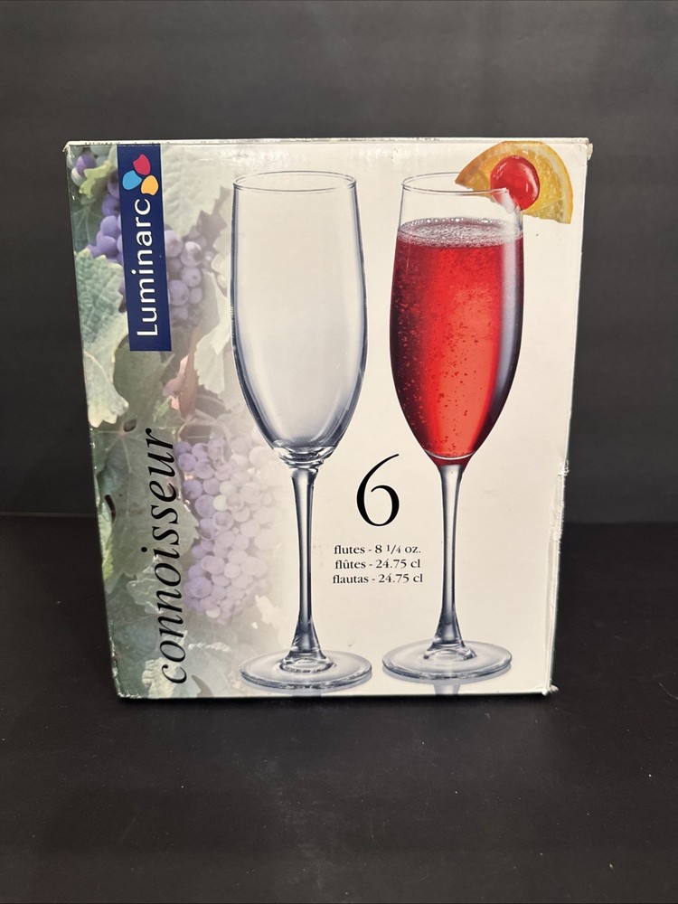 New In Box Luminarc Connoisseur 6 Flutes Drink ware 8.25 oz Long Stem