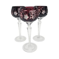 VTG Ajka Marsala Deep Ruby Cut to Clear Crystal Hock Wine Goblet 8.375″ Set of 3