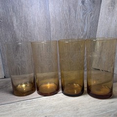 🧡Vintage Amber Floral Etched Glasses– Set of 4 –Mid-Century Barware / Drinkware