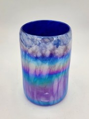 VTG Studio Art Glass SIGNED 1986 Hand Blown Blue Iridescent Glass Tumbler Cup