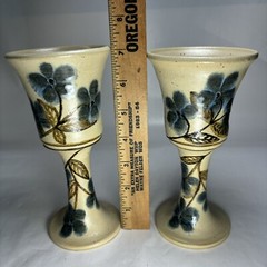 Art Pottery Chalice Wine Goblets Beige Blue Floral Artist Signed Set of 2