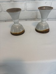 Vintage Studio Pottery Goblets Pair Gray Brown Drip Glaze Stoneware 6in MCM