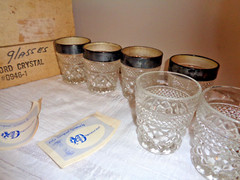 Vintage set of 6 Kingsford Crystal drinking Glass Tumblers w Silver Band 10 OZ