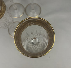 Beautiful VTG Set of 4 Cut Crystal Champagne Flutes w/Gold Overlay Trim 8″ H