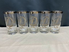 Set of 5 ~ Platinum Rim ~ Monogrammed «D» Embossed Glass Tumblers ~ 5 3/4″ Tall