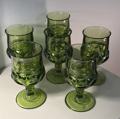 6 Vintage Indiana Kings Crown Avocado Green Glass Thumbprint Goblets