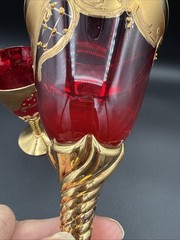 Vtg Pair Of Italian Moran’s 24kt Gold Trim And Red, Painted Wine Glasses