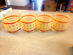 Vintage Cutler Glassware MCM Rocks Glasses Set of 4 22K Gold Cane Wicker Orange