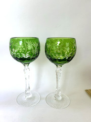 PAIR Nachtmann / Ajka EMERALD GREEN Crystal 7 5/8″ Wine Hock Glass Bohemian