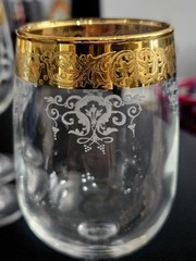 Cellini 24K GOLD Trim Etched Blown Crystal Wine Glasses Set of 4 Italy