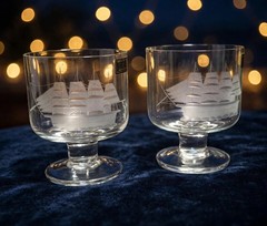 Vintage Pair of MCM Etched Clipper Ship Toscany Crystal Whiskey Footed Glasses
