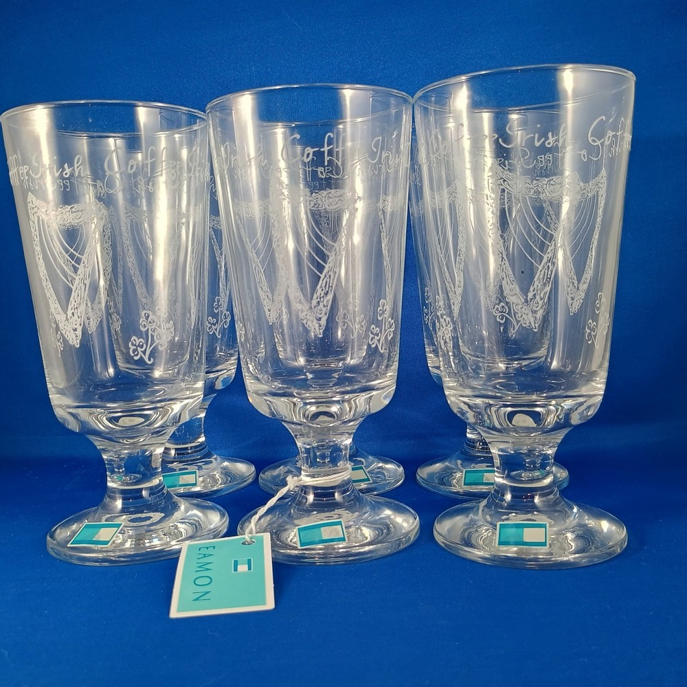 Eamon Glass 6 Mug Set IRELAND Irish Coffee Liqueur Etched Harps Shamrocks New