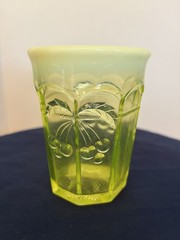 Uranium Opalescent Tumbler Cherry Pattern 8oz 4” Tall 3” Across Vtg Mosser Glass