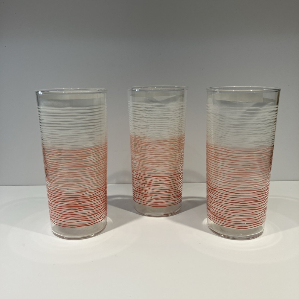 3 Tumblers Ombre Textured Peach Pink White Striped Glassware Handblown Vintage