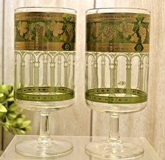 Vintage Cera Glass Water Goblets Grecian Green 22K Gold Grapes Set of 5