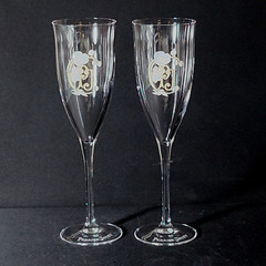 PERRIER JOUET PJ CHAMPAGNE FLUTES, Green White, Crystal, 8″, 6 oz, FRANCE, 2PCS