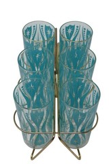 MCM Atomic Starburst Blue Teal Turquoise Highball Glasses with Original Carrier