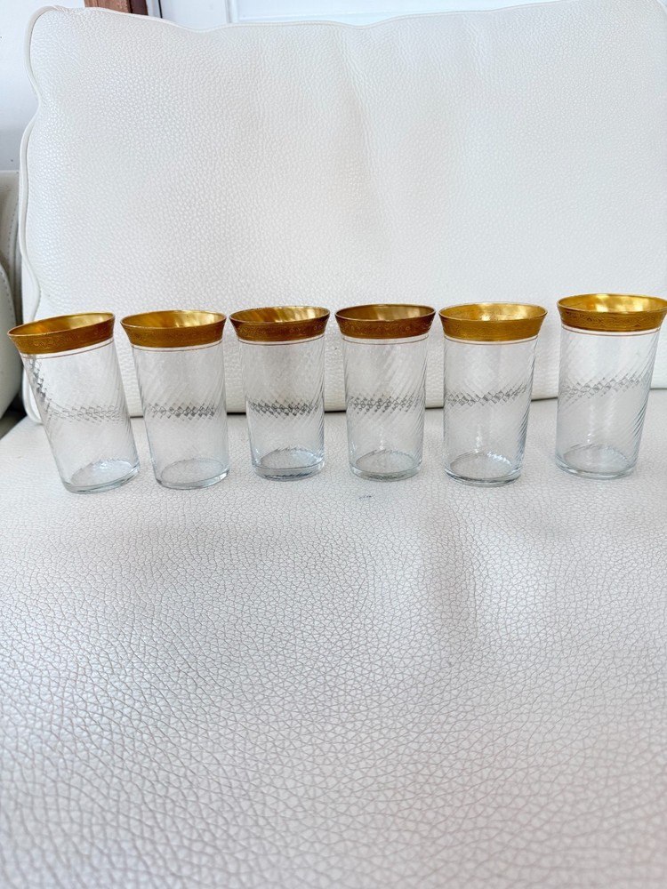 SET OF 6 VINTAGE CLEAR GLASS CUPS GOLD GILT RIM FLORAL SCROLL BARWARE