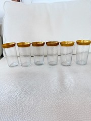 SET OF 6 VINTAGE CLEAR GLASS CUPS GOLD GILT RIM FLORAL SCROLL BARWARE