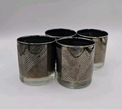 6 Vintage Rocks Glasses in Silver with Patterns of Raised Textured Lines EUC
