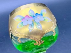 VINTAGE BOHEMIAN GLASS GOBLET HEAVY RAISED GOLD ENAMEL FLOWERS APPLIED STEM