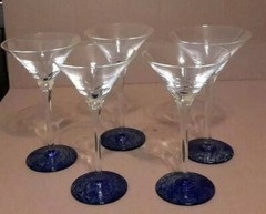 5 – MARTINI GLASSES SWIRL COLBALT BLUE BOTTOMS 7.5″ TALL – BARWARE – A3