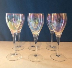 Vtg Set of 6 Iridescent Glasses Wine 7″ Hand Blown Rainbow Iris Lustre…