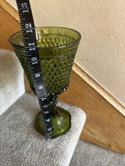 Green Pressed Glass Stemmed Goblet Drinking Glass, Diamond Pattern