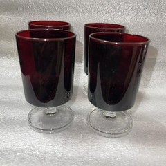 Vintage RUBY RED GLASS STEMMED GOBLET CLEAR BASE ARCOROC FRANCE 4.2 in Tall