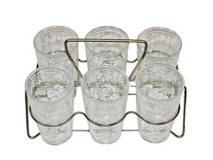 Vtg Hazel Atlas White Grape Vines Glasses Set 6 W/ Drink Caddy MCM Retro Barware