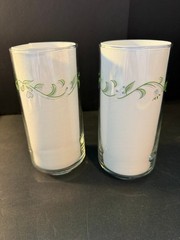 Vintage Corelle Drinking Glasses Set 2 Green Floral Vine Tumblers 5″
