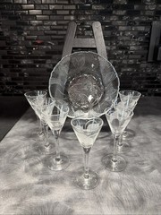 VTG Set 7 Glasses Etched Frosted Leaf Cordial Stemware & Arcoroc CANTERBURY Bowl
